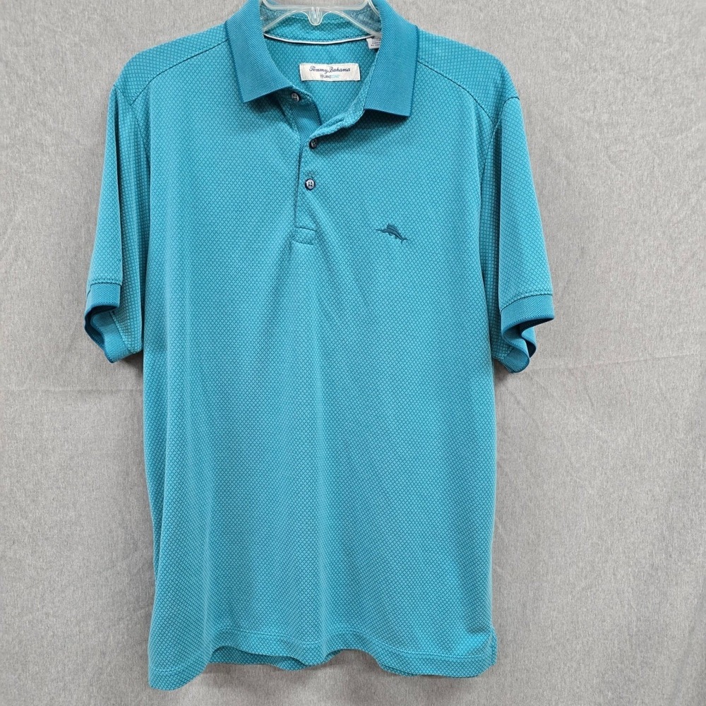 Tommy Bahama IslandZone Mens‎ Medium Teal Blue Diamond Texture Polo Shirt Marlin